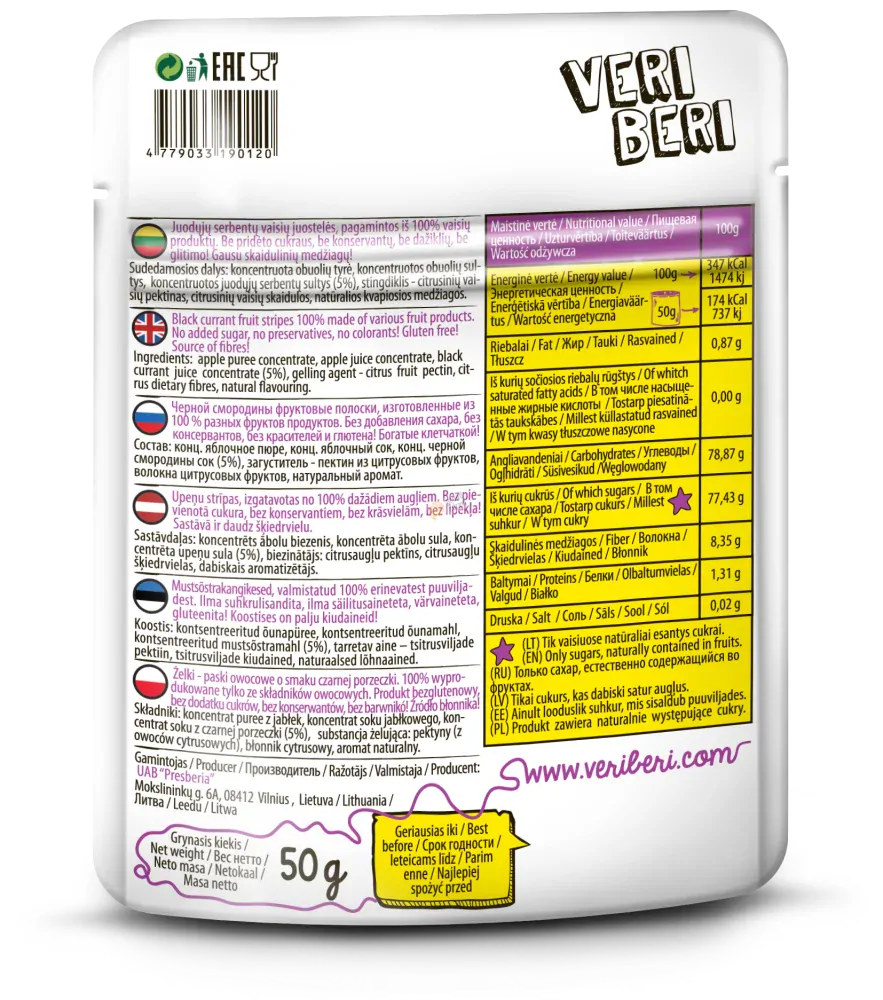 VERI BERI 100% ovocné stripsy černý rybíz 50 g