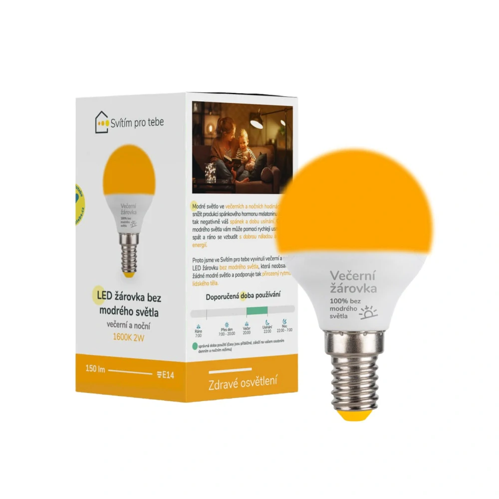 LED žárovka ORANŽOVKA bez modrého světla E14 2W 1600K