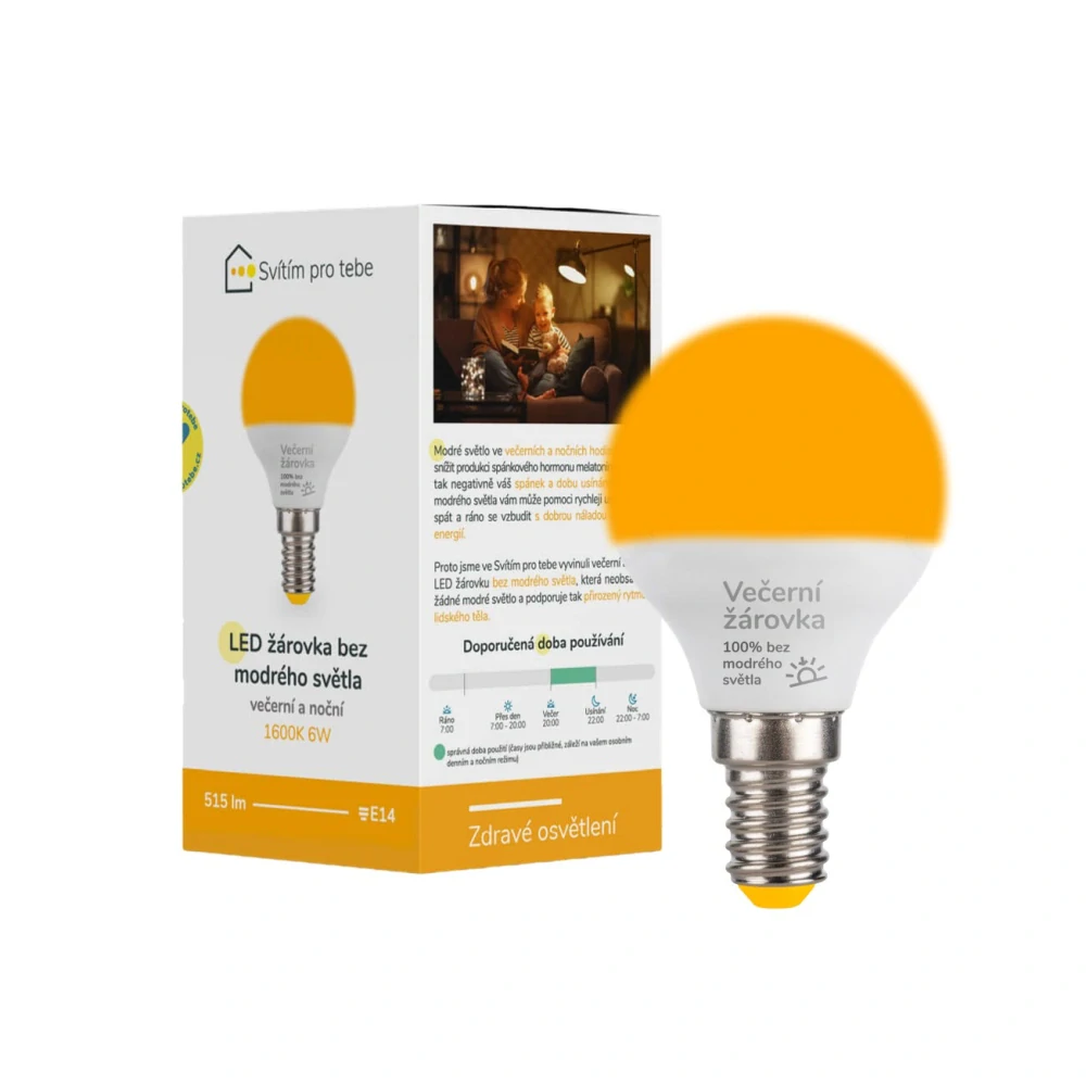 LED žárovka ORANŽOVKA bez modrého světla E14 6W 1600K