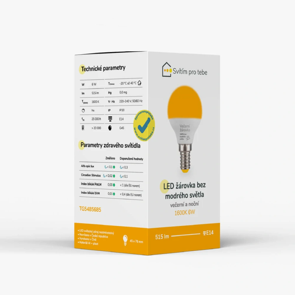 LED žárovka ORANŽOVKA bez modrého světla E14 6W 1600K