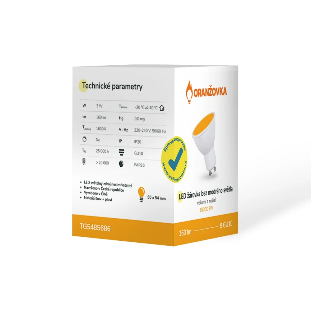LED žárovka ORANŽOVKA bez modrého světla GU10 3,5W 1600K