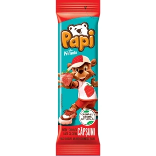 Čokoládová tyčinka Primola Papi mléčná čokoláda s jahodovým krémem, 26,8 g Rumunsko