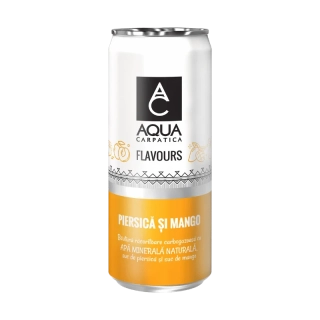 AQUA CARPATICA Ochucená minerální voda Broskev a Mango PLECHOVKA 0,33 l Rumunsko